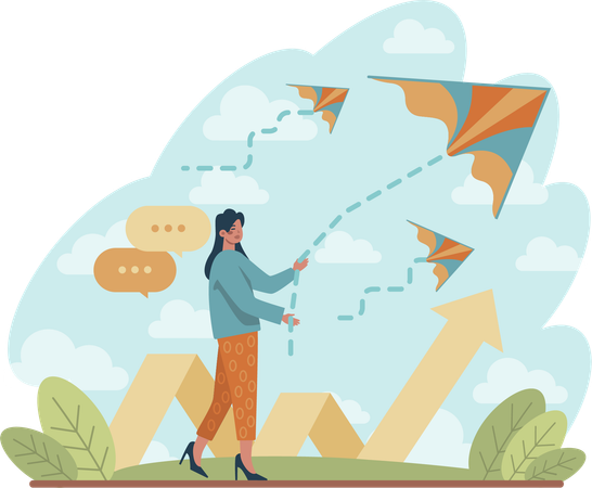 Girl flying kite for career growth  Illustration