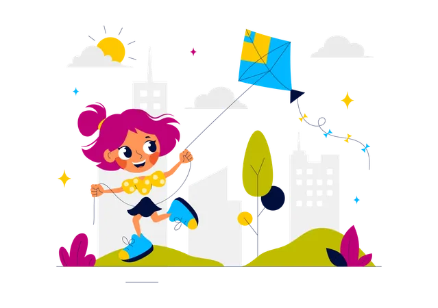 Girl flying kite in park  Illustration