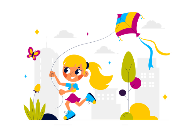 Girl flying kite in park  Illustration