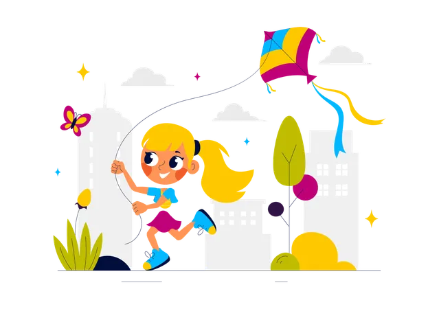 Girl flying kite in park  Illustration