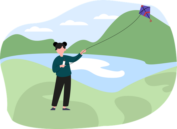 Girl flying kite near lake Illustration