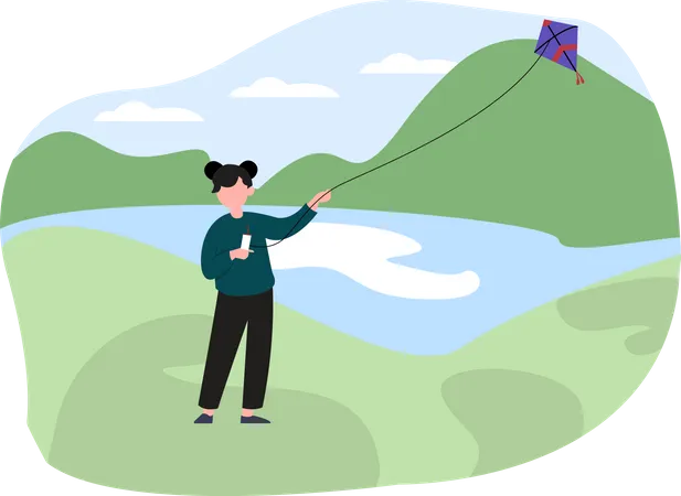Girl flying kite near lake Illustration