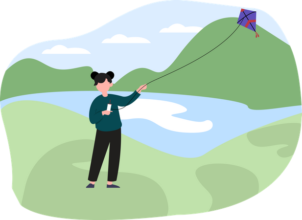 Girl flying kite near lake  Illustration