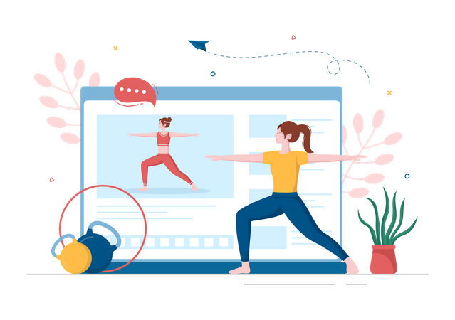 Girl following online gym instructor  Illustration