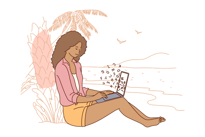 Girl freelancer sitting on coast beach working laptop  Illustration
