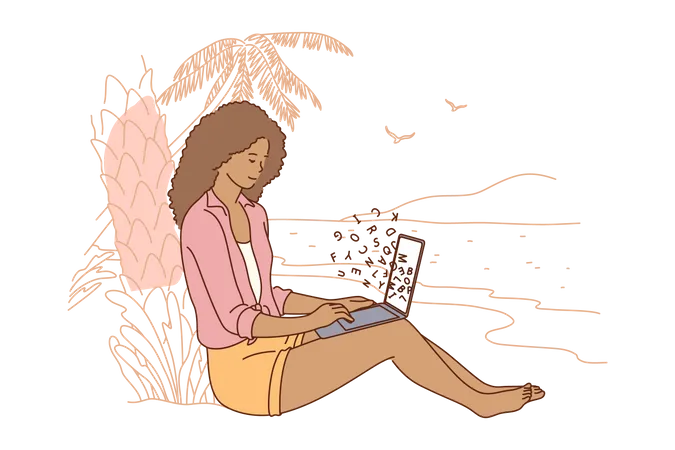 Girl freelancer sitting on coast beach working laptop  Illustration