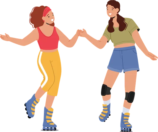 Girl Friend enjoying Roller Skating  Illustration