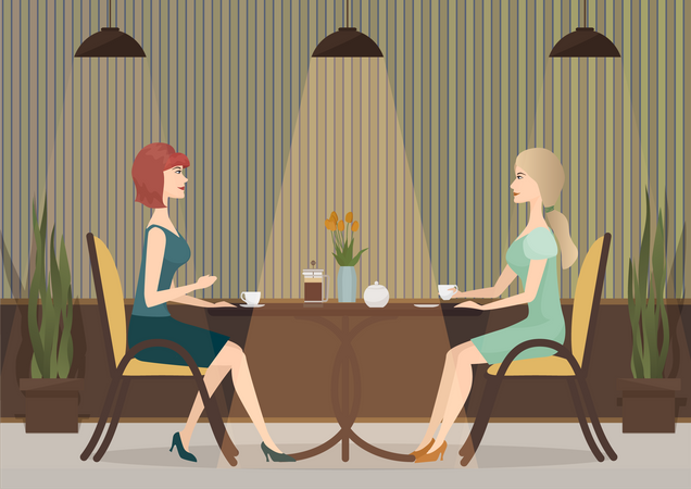 Girl friends having coffee at cafe  Illustration