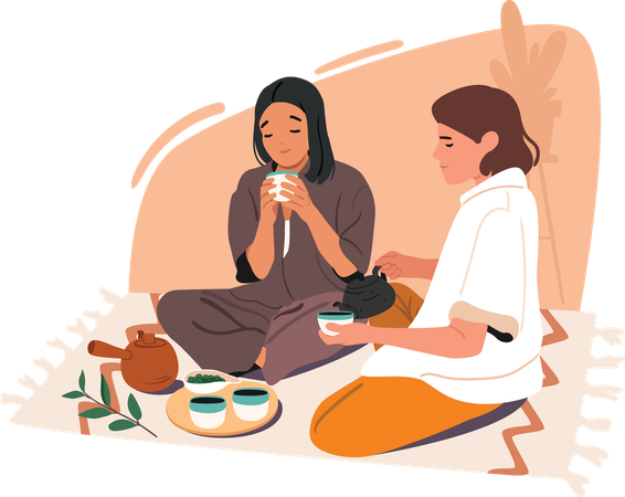 Girl friends tasting herbal asian tea enjoying traditional authentic ceremony  Illustration