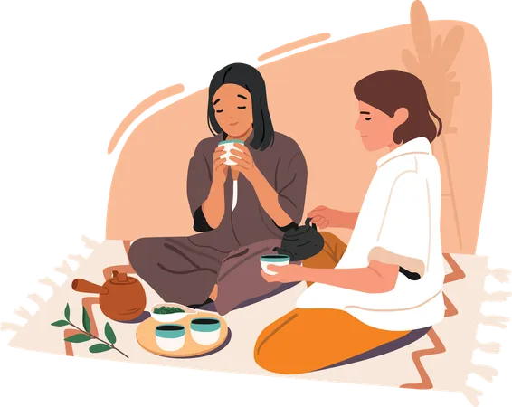 Girl friends tasting herbal asian tea enjoying traditional authentic ceremony  Illustration