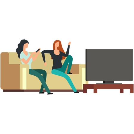 Girl friends watching tv at home  Illustration