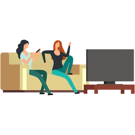 Girl friends watching tv at home  Ilustração
