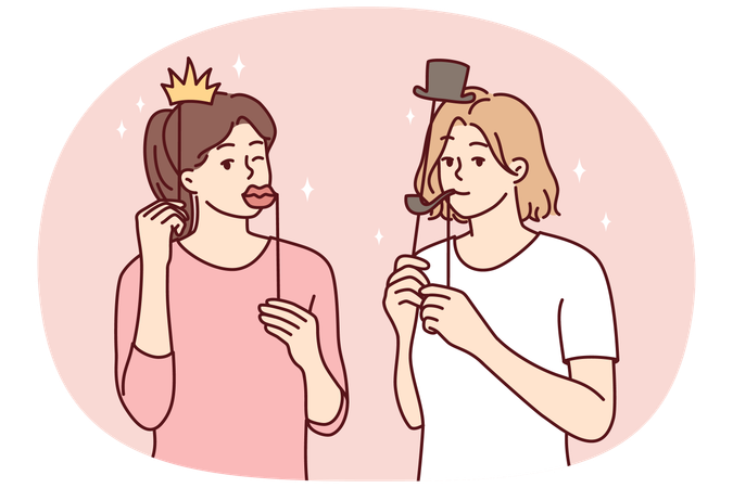 Girl friends with funny masks for photo shoot during house party  Illustration