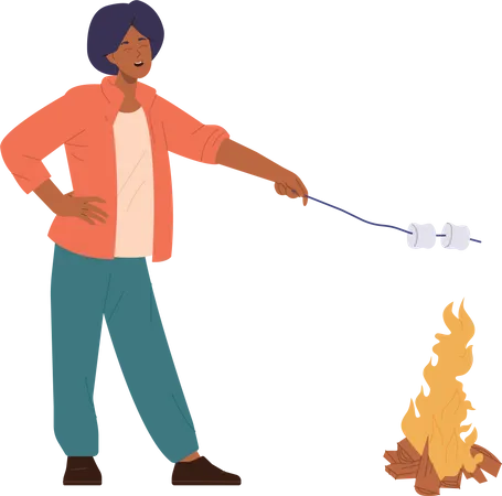 Girl frying skewered marshmallow on open camp bonfire  Illustration