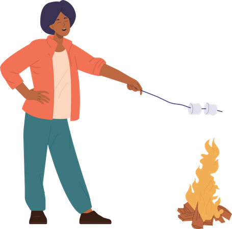 Girl frying skewered marshmallow on open camp bonfire  Illustration