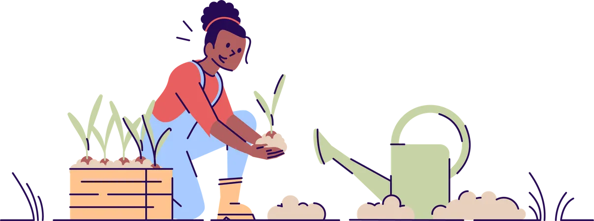 Girl Gardening Flat Vector Illustration African American Woman Planting Seedlings With Watering Can Cartoon Character Farmer Cultivating Crop Plant Nursery Works Isolated Concept With Outline Illustration