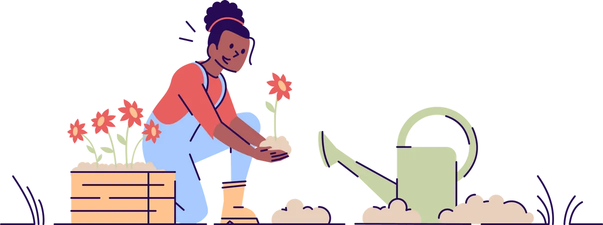 Girl Gardening Flat Vector Illustration African American Woman Planting Flowers With Watering Can Cartoon Character Female Farmer Cultivating Plant Nursery Works Isolated Concept With Outline Illustration
