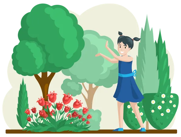 Girl Gardening Plants On Backyard Flowers On Beautiful Flower Bed Enjoying Tulips And Roses In Spring Garden Organic Horticulture Illustration Gardener Worker Is Engaged In Gardening In Grounds Illustration