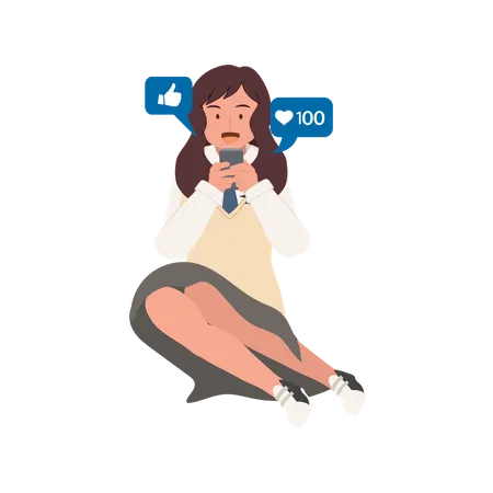 Online Social Addict Concept Happy High School Girl Is Sitting And Looking At Her Smartphones Flat Vector Cartoon Character Illustration Illustration