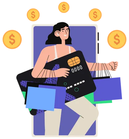 Online Payment Or Money Refund Program Vector Illustration Concept Woman Get Cashback For Purchase In Shop Or Store Online Banking Save Money Or Shopping Through Mobile App E Comerce Web Banner Illustration