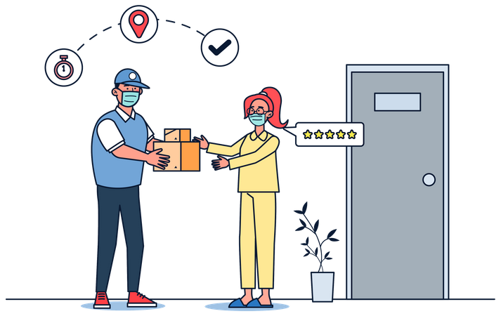 Girl getting delivery and giving delivery ratings Illustration