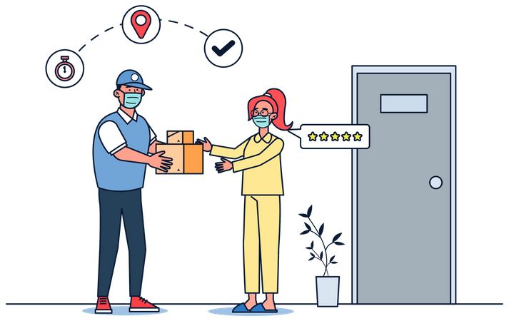 Girl getting delivery and giving delivery ratings  Illustration