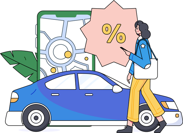 Girl getting discount on taxi booking  Illustration