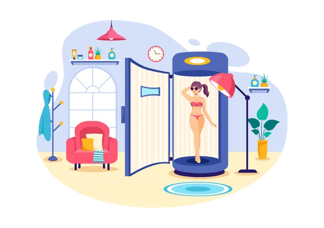 Tanning Salon Vector Illustration Of Bed Procedure To Get Exotic Skin With Modern Technology At The Spa Solarium In Flat Cartoon Background Illustration