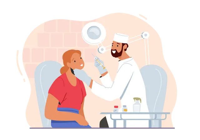 Female Character Applying Beauty Injection In Cosmetologist Cabinet Woman Get Cosmetic Procedures Botox Or Filers In Salon Doctor And Client Aesthetic Cosmetology Cartoon People Vector Illustration Illustration