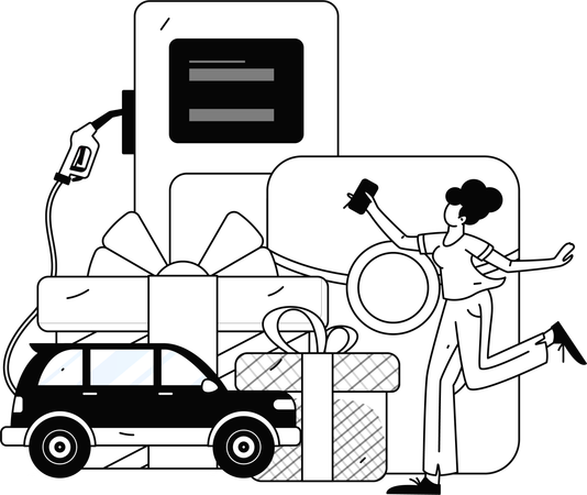 Girl getting fuel discount for car at fuel pump  Illustration