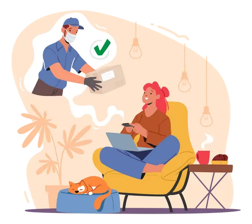 Female Character Sitting At Home With Laptop Order Parcel Or Food Delivery Using Internet Resource Safe Shipping Service During Coronavirus Pandemic Quarantine Cartoon People Vector Illustration Illustration