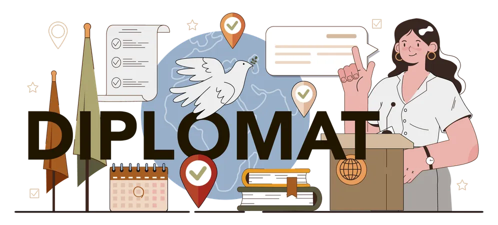 Diplomat Typographic Header Idea Of International Relations And Government Country Worldwide Representation Diplomatic Conference And Diplomat Visit Flat Vector Illustration 일러스트레이션