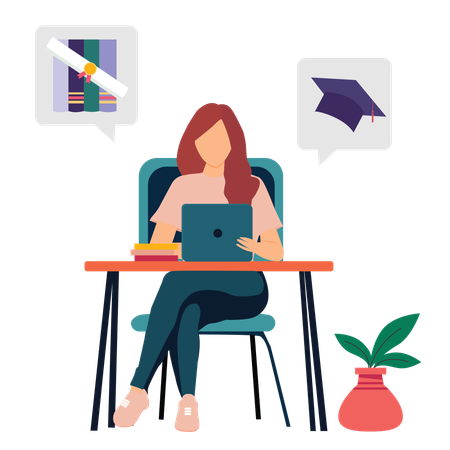 Girl getting online education degree  イラスト