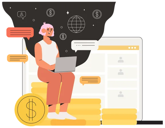 Full Time Freelancer Working Distantly From Home Office On Laptop And Earn Extra Money By Doing Project On Freelance Platform Or Website Online Chat With Fellow Distant Workers Partner Or Employer Illustration