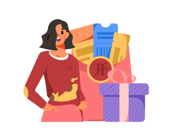 Girl getting shopping coupon and gift  Illustration