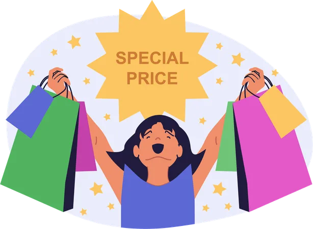 Girl getting special price on shopping  Illustration