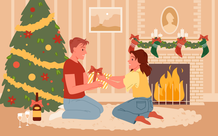 Girl give christmas gift to man  Illustration