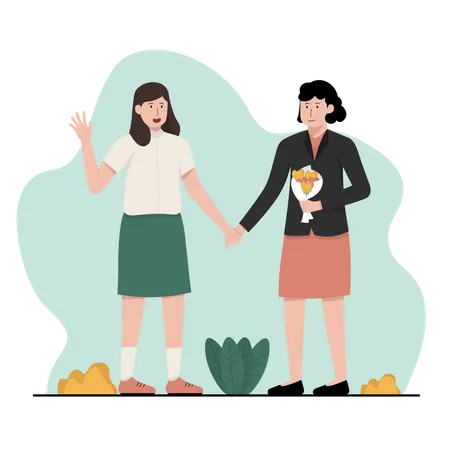 Girl give flower to teacher  Illustration