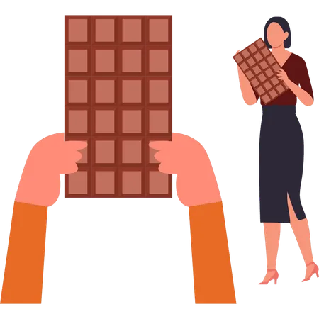 Girl gives chocolate bar to someone  Illustration