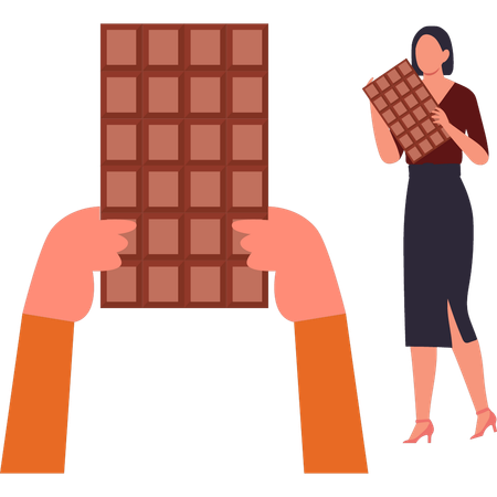 Girl gives chocolate bar to someone  Illustration