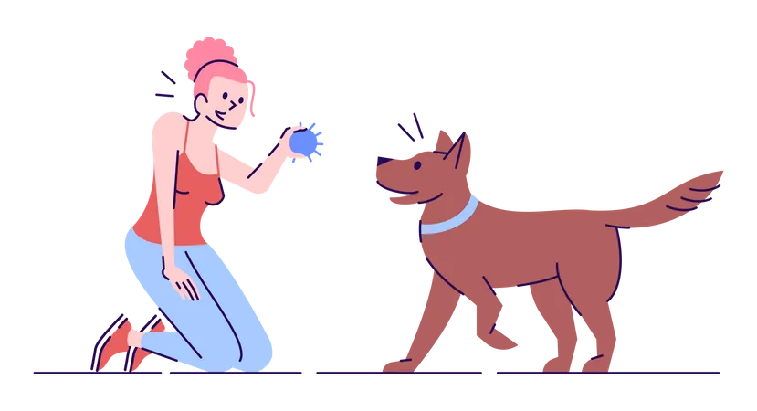 Girl giving ball training to dog  Illustration