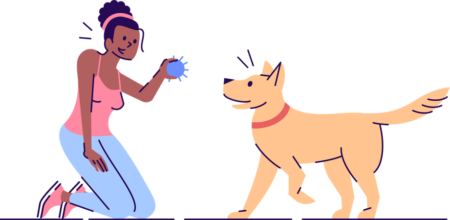 Girl giving ball training to dog Illustration