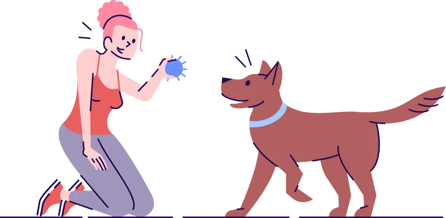 Girl giving ball training to dog  Illustration