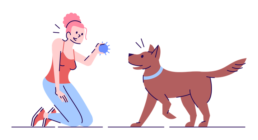 Girl giving ball training to dog  Illustration