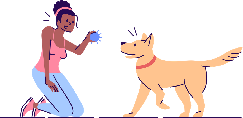 Girl giving ball training to dog  Illustration