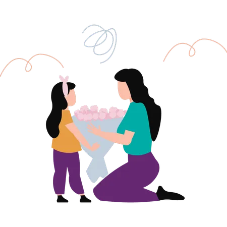 Daughter Giving Bouquet To Mother Illustration
