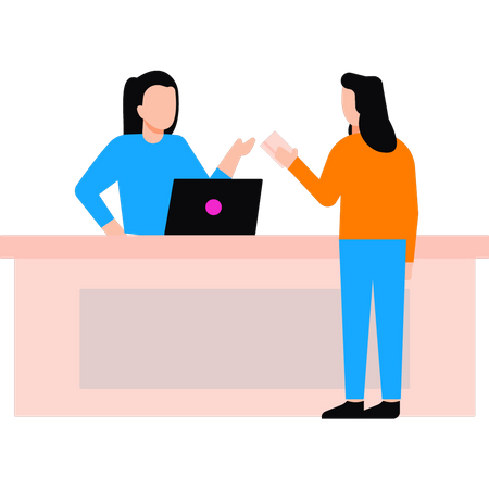 Girl giving card to receptionist  Illustration