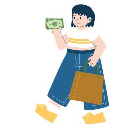 Girl giving cash and holding shopping Illustration