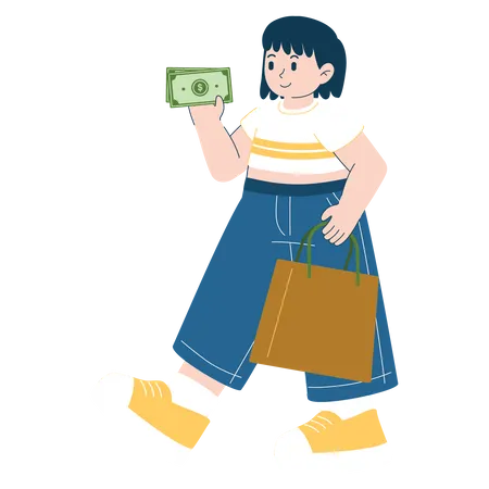 Girl giving cash and holding shopping  Illustration