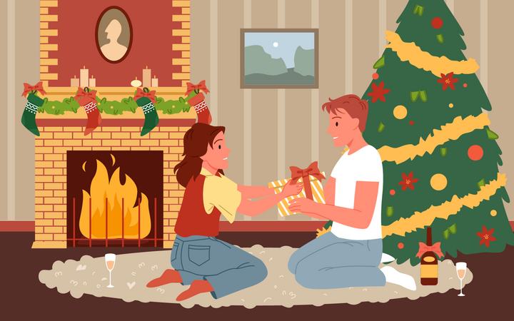 Girl giving christmas gift to man  Illustration